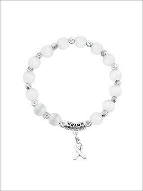 Lung Cancer Awareness Bracelet White Beads Ribbon